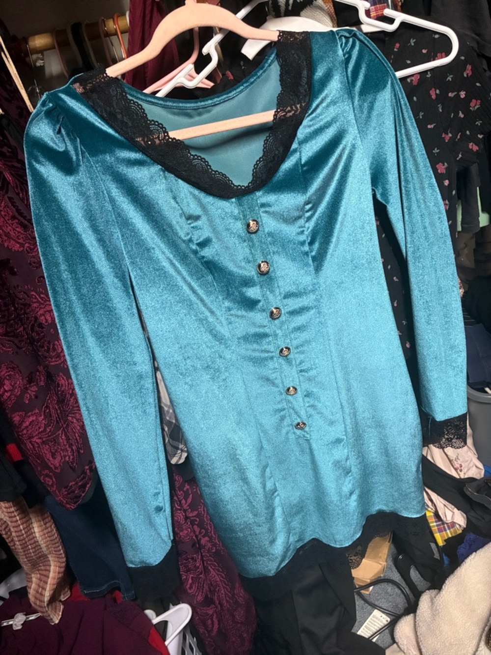Teal Lace-Trim Mini Dress - Elegant Button Front